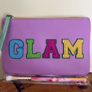 GLAM Purple Leather Makeup Bag with Brush, NWT